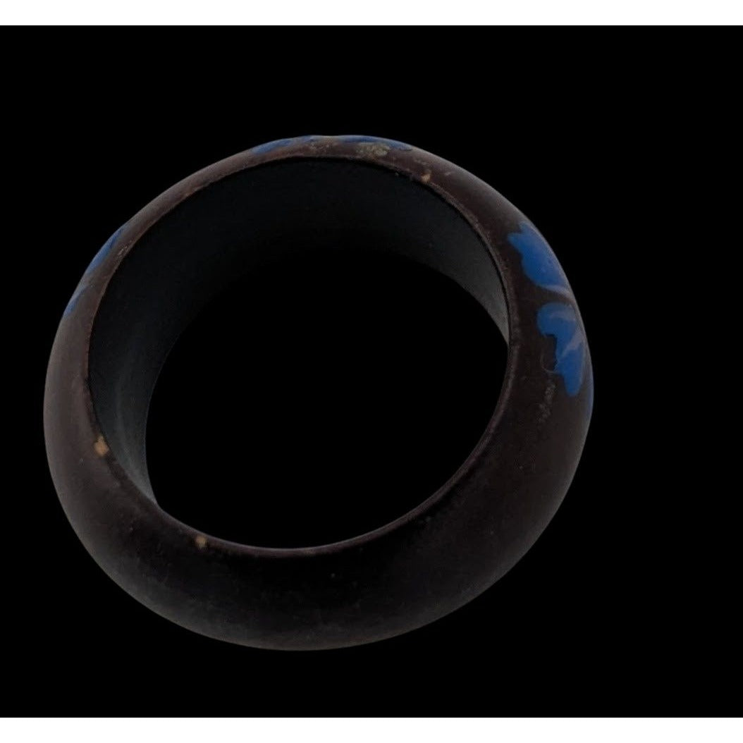 Boho Floral Painted Wood Ring Blue Flower Black Chunky Statement Jewelry