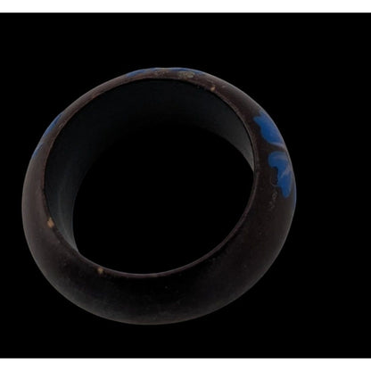 Boho Floral Painted Wood Ring Blue Flower Black Chunky Statement Jewelry