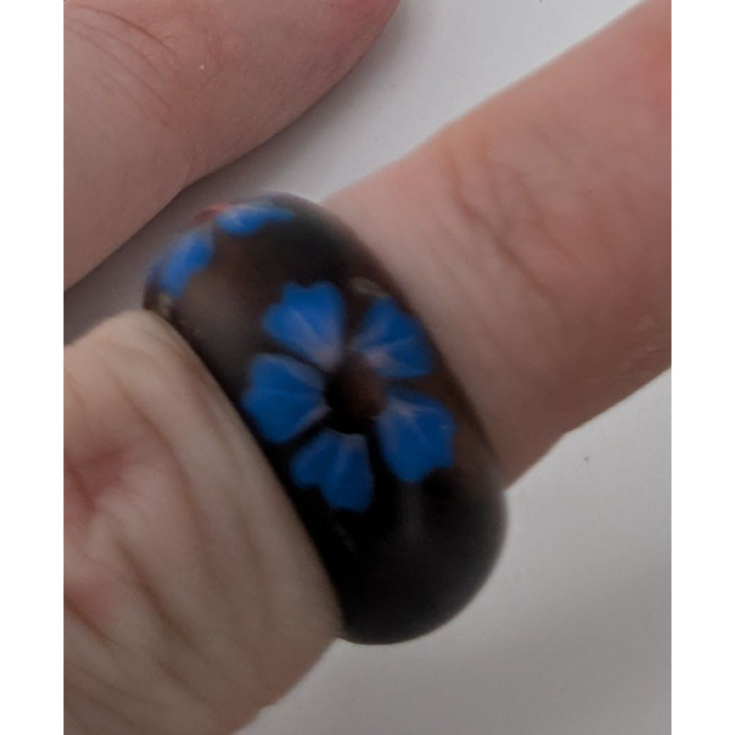 Boho Floral Painted Wood Ring Blue Flower Black Chunky Statement Jewelry