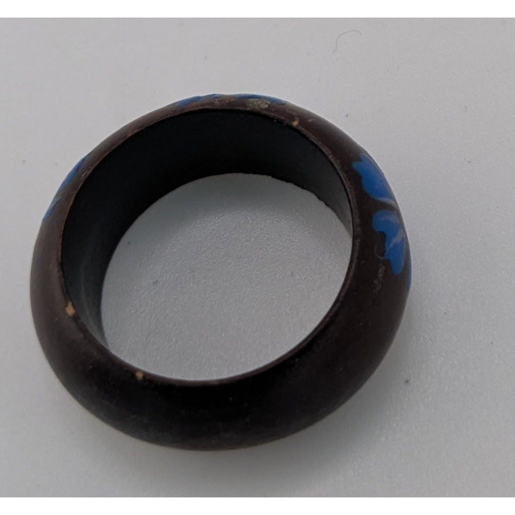 Boho Floral Painted Wood Ring Blue Flower Black Chunky Statement Jewelry