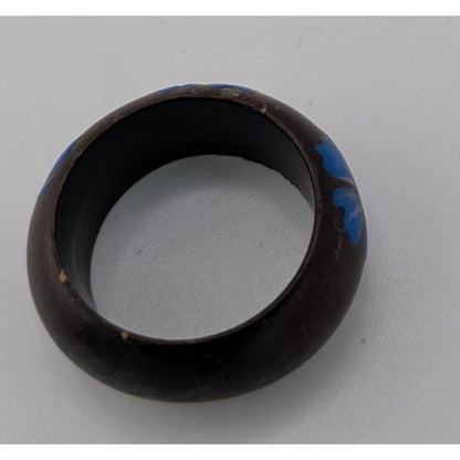 Boho Floral Painted Wood Ring Blue Flower Black Chunky Statement Jewelry