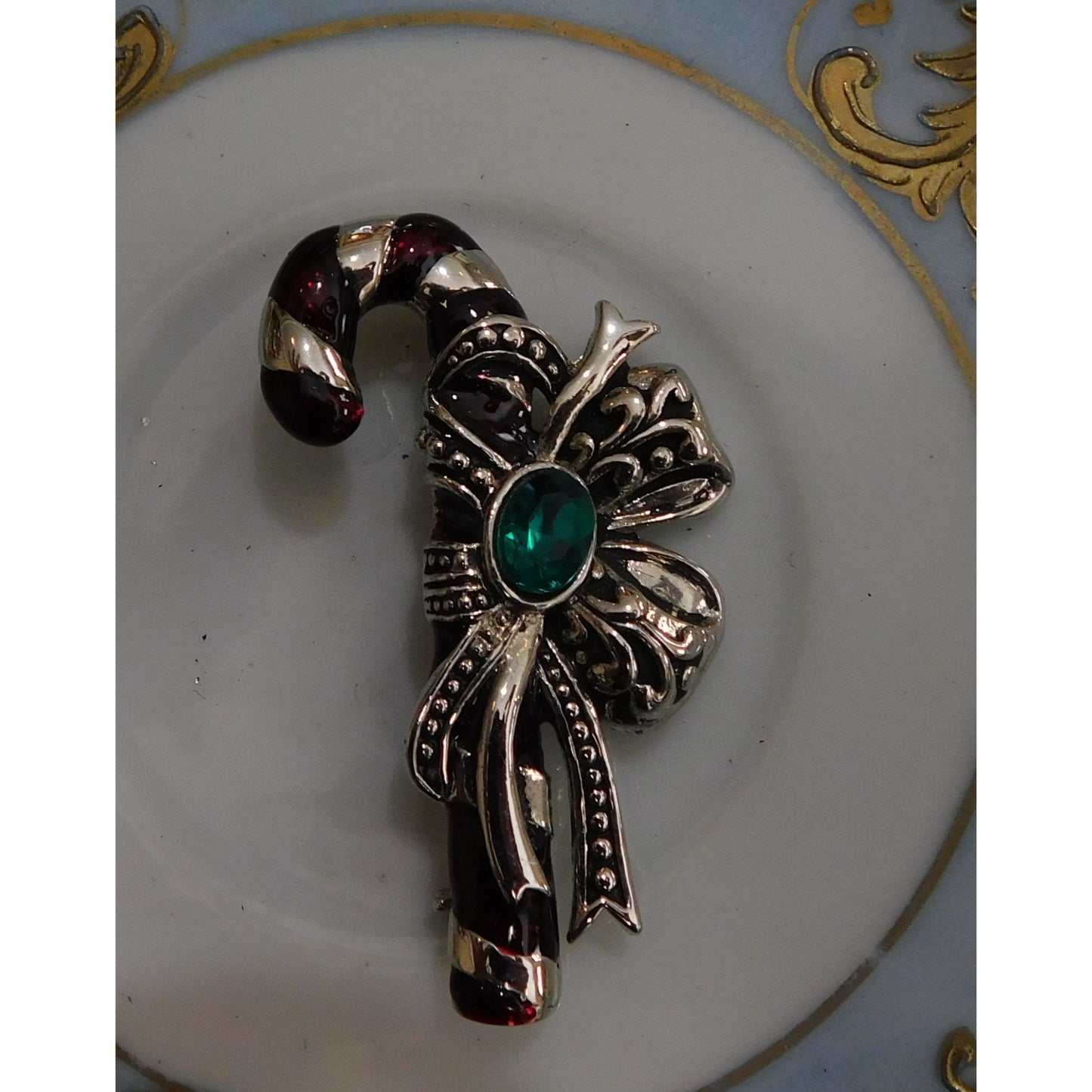 Vintage Silver Tone Candy Cane Brooch With Green Stone