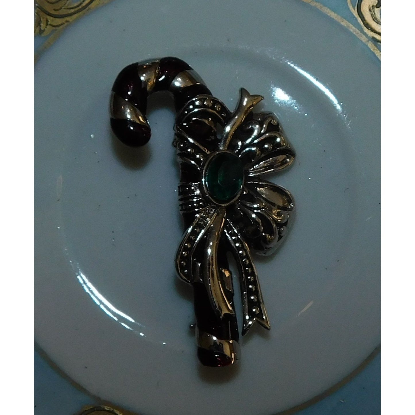 Vintage Silver Tone Candy Cane Brooch With Green Stone