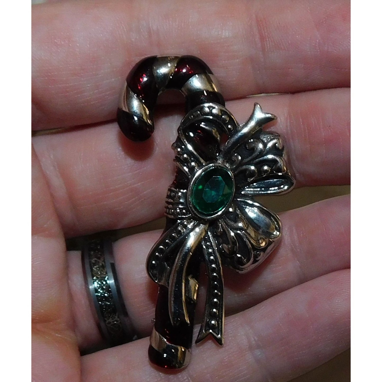 Vintage Silver Tone Candy Cane Brooch With Green Stone