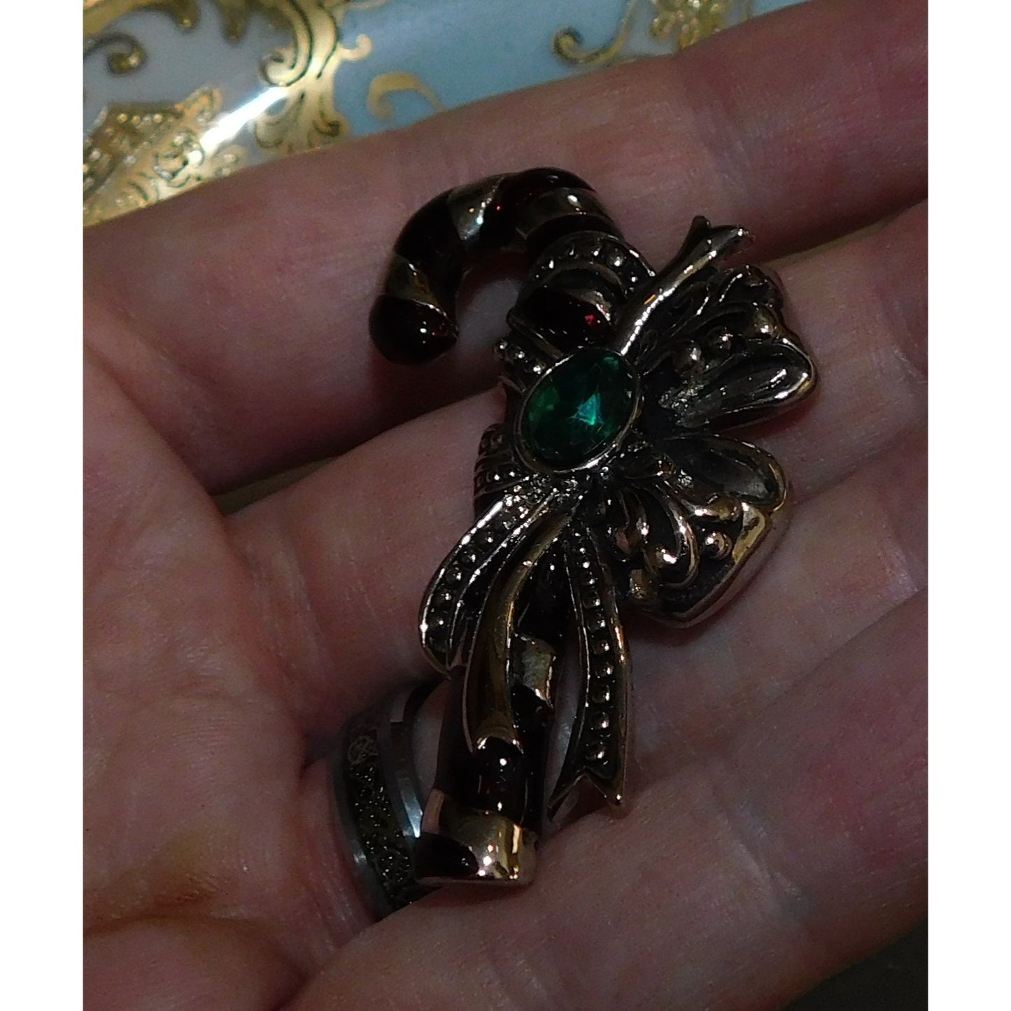 Vintage Silver Tone Candy Cane Brooch With Green Stone