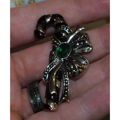 Vintage Silver Tone Candy Cane Brooch With Green Stone