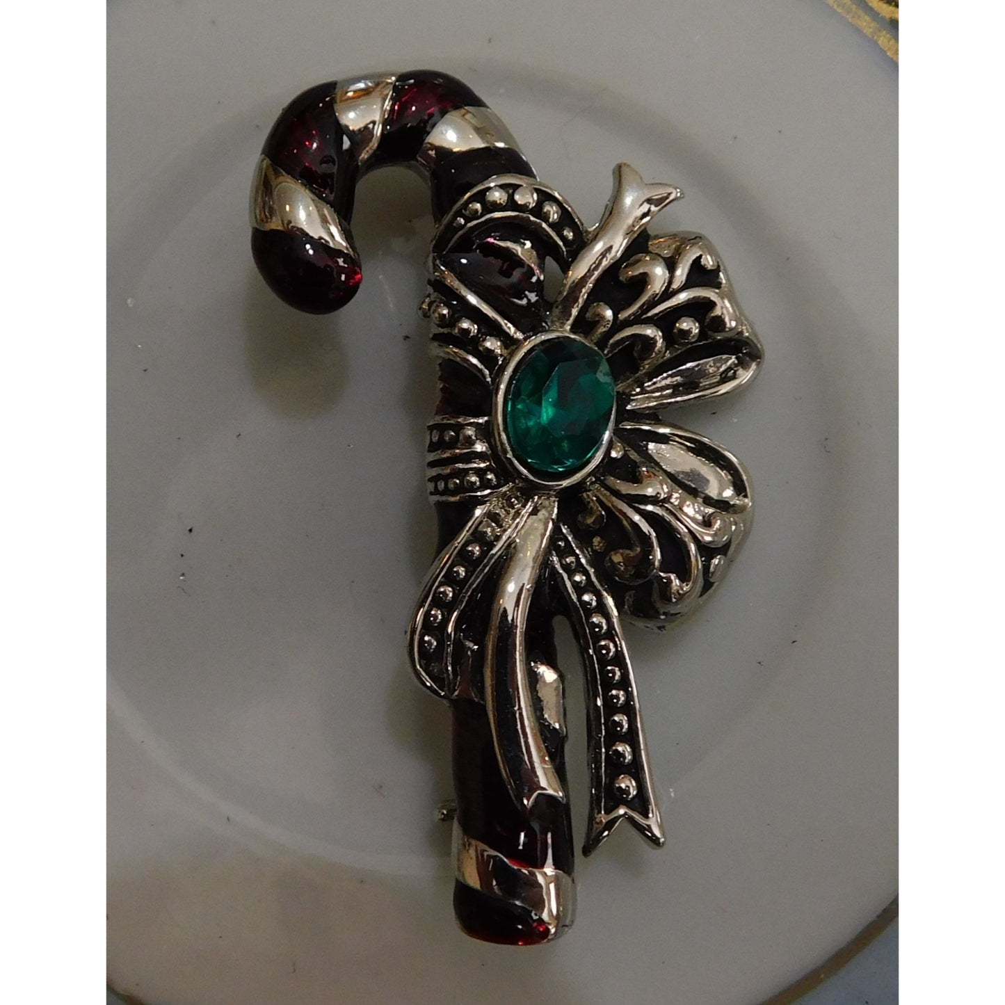 Vintage Silver Tone Candy Cane Brooch With Green Stone