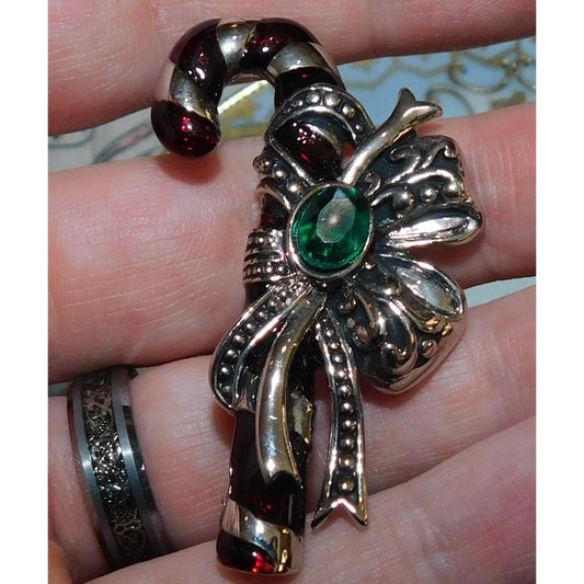 Vintage Silver Tone Candy Cane Brooch With Green Stone