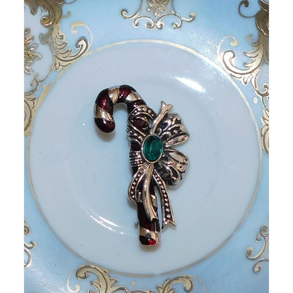 Vintage Silver Tone Candy Cane Brooch With Green Stone