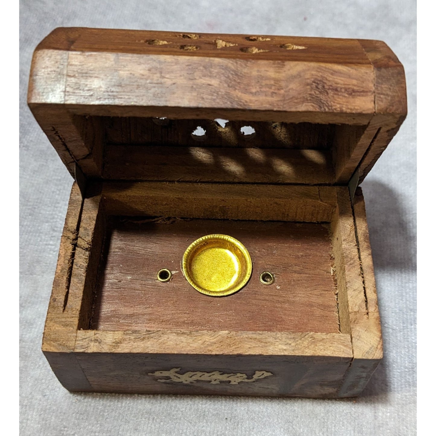 Whimsical Wooden Brass Dragon Inlay Cone Incense Burner Box