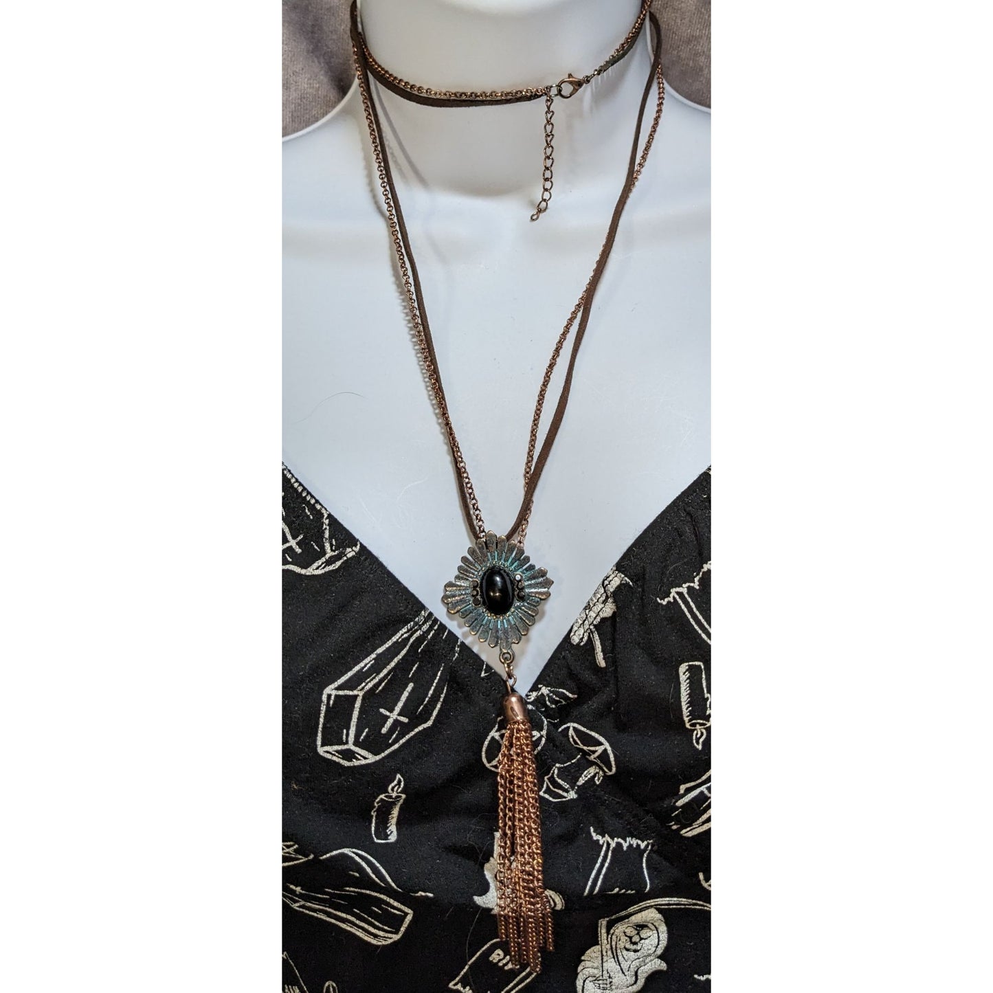Southwestern Tassel Pendant Necklace Copper Patina Boho Layered Suede Statement
