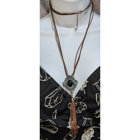 Southwestern Tassel Pendant Necklace Copper Patina Boho Layered Suede Statement
