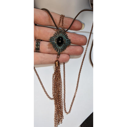 Southwestern Tassel Pendant Necklace Copper Patina Boho Layered Suede Statement