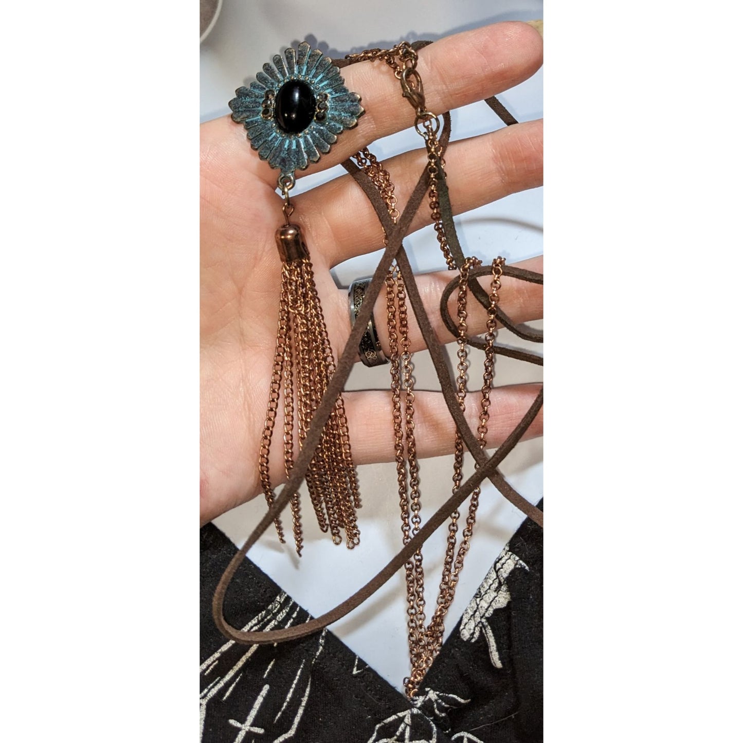 Southwestern Tassel Pendant Necklace Copper Patina Boho Layered Suede Statement