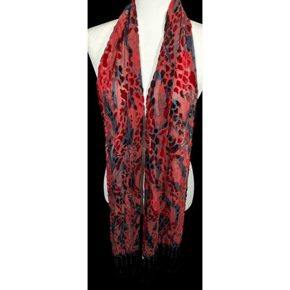 Gothic Red And Black Abstract Velvet Burnout Beaded Fringe Scarf