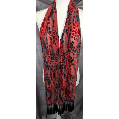 Gothic Red And Black Abstract Velvet Burnout Beaded Fringe Scarf