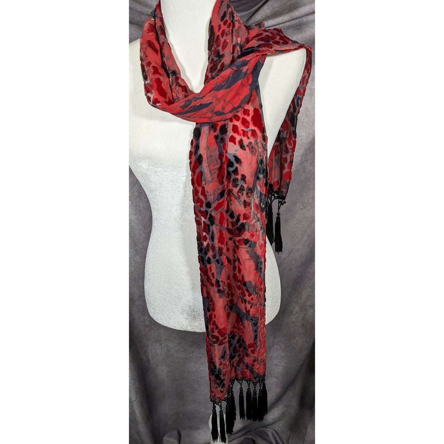Gothic Red And Black Abstract Velvet Burnout Beaded Fringe Scarf