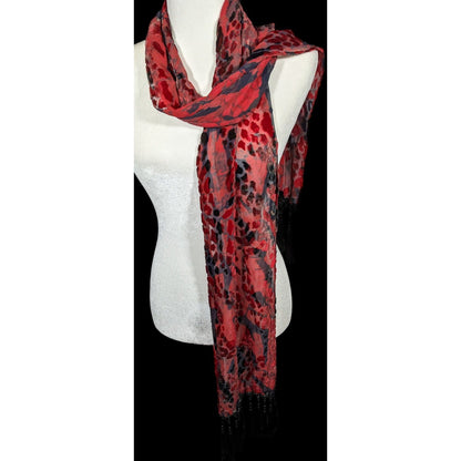 Gothic Red And Black Abstract Velvet Burnout Beaded Fringe Scarf