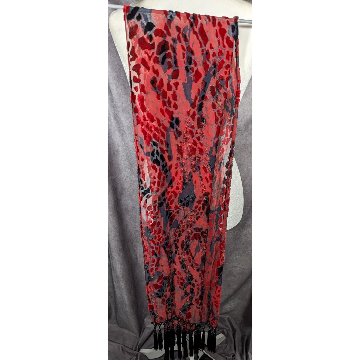Gothic Red And Black Abstract Velvet Burnout Beaded Fringe Scarf