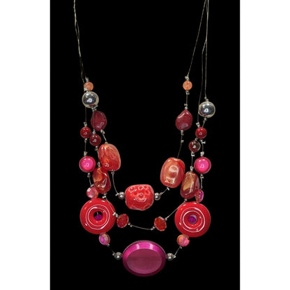 Funky Layered Red & Pink Beaded Statement Necklace
