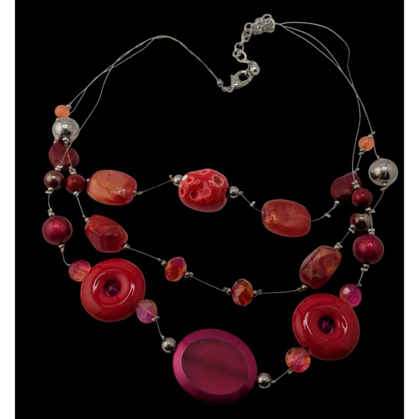 Funky Layered Red & Pink Beaded Statement Necklace