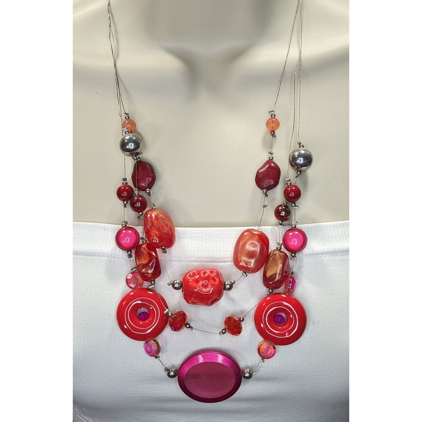 Funky Layered Red & Pink Beaded Statement Necklace