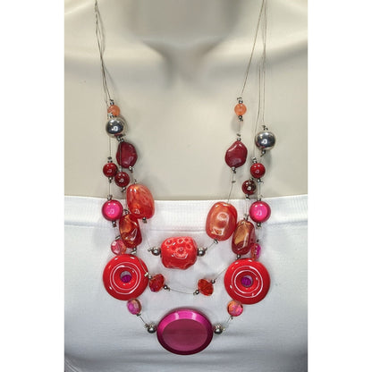 Funky Layered Red & Pink Beaded Statement Necklace
