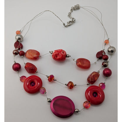 Funky Layered Red & Pink Beaded Statement Necklace