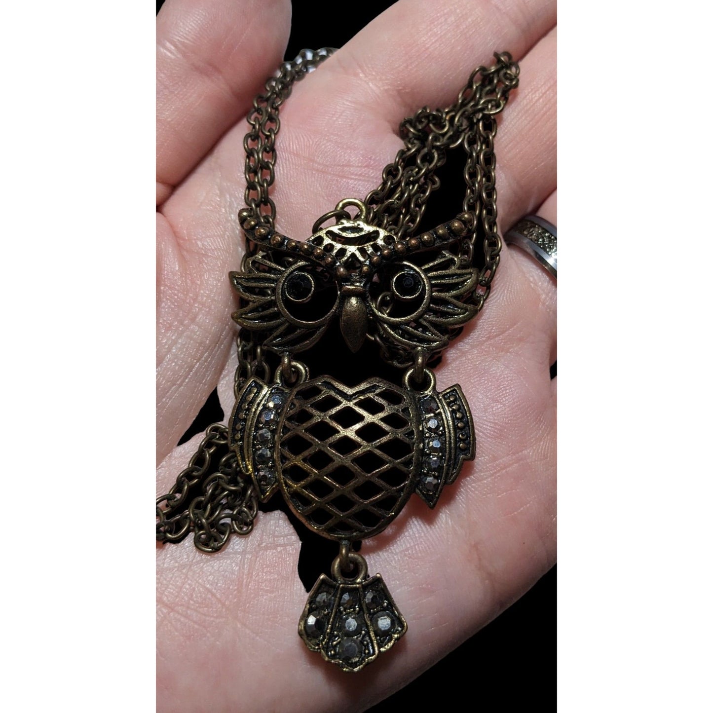 Vintage Brass Owl Pendant Necklace With Rhinestones