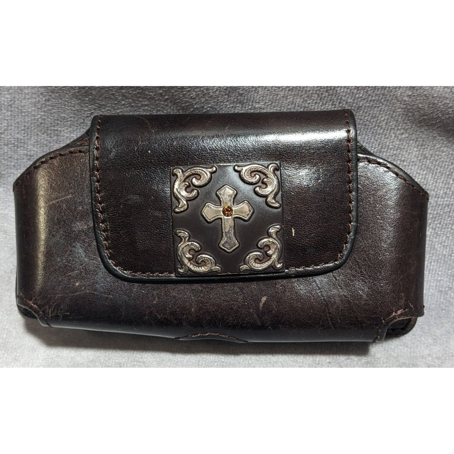 Cross Embellished Leather Cell Phone Belt Clip Case