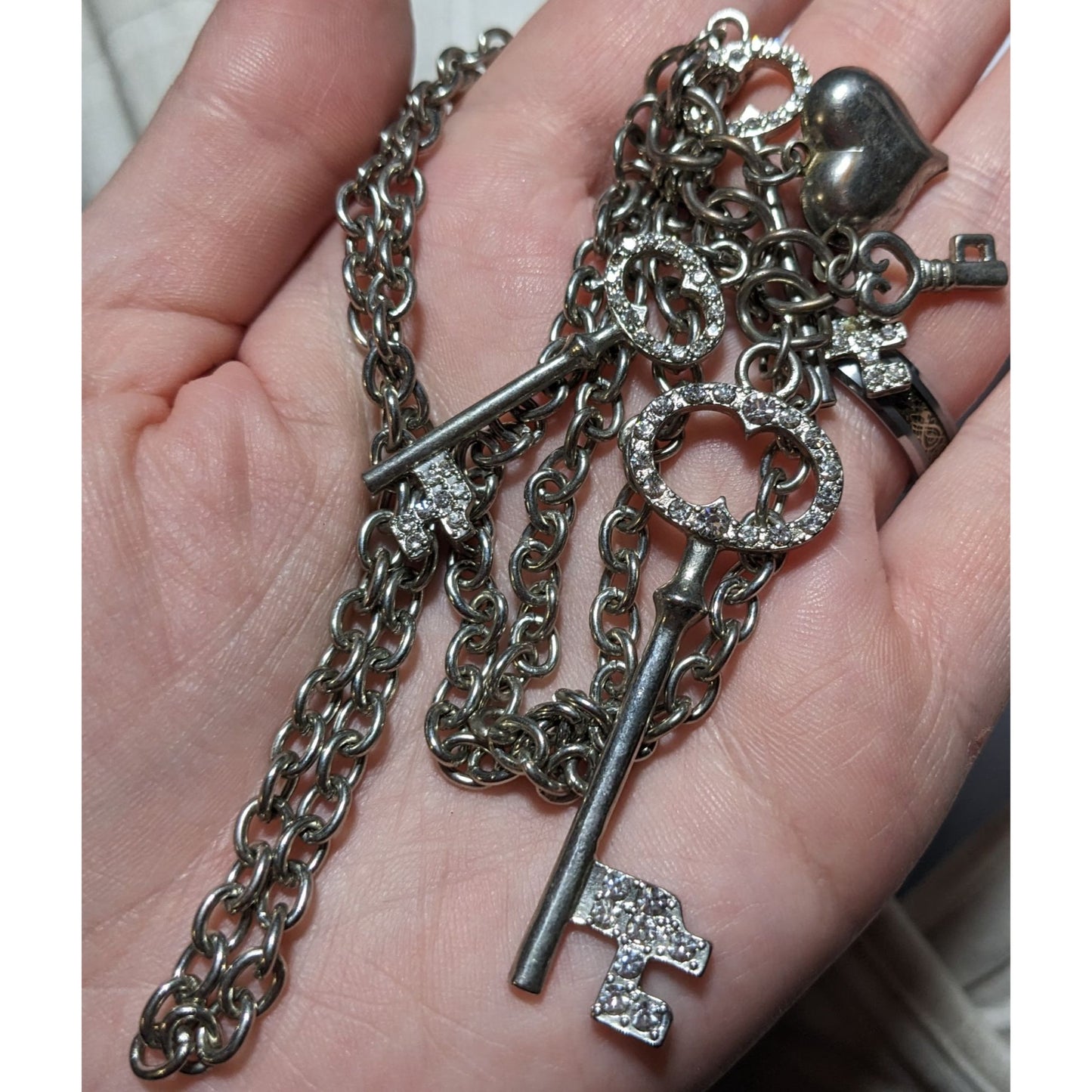 Silver Rhinestone Key Charm Cluster Necklace