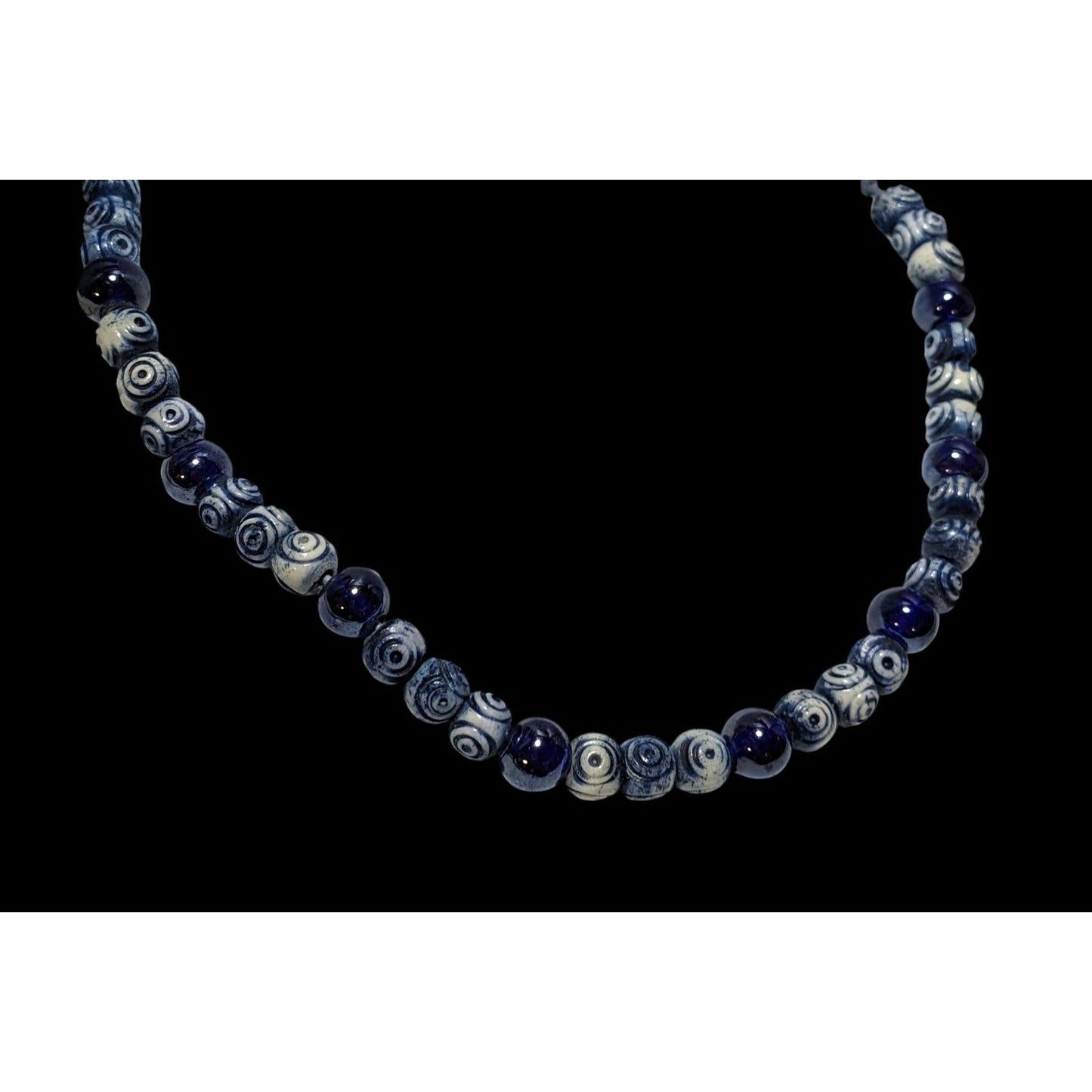 Retro Blue And White Beaded Cord Necklace