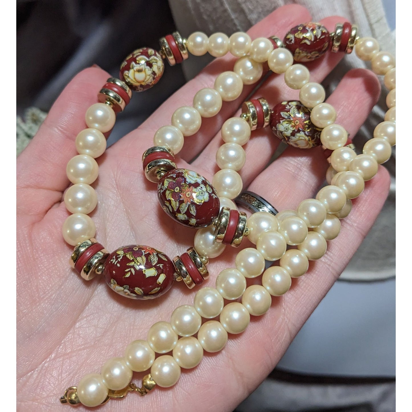 Vintage Cream And Red Pearl Floral Necklace