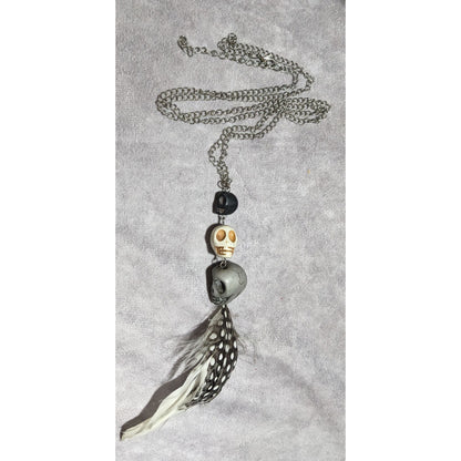 Triple Skull Beaded Feather Pendant Necklace