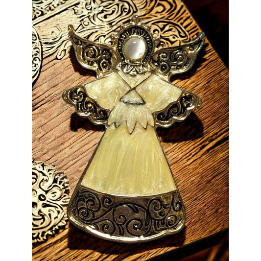 Gold Enamel Angel Brooch