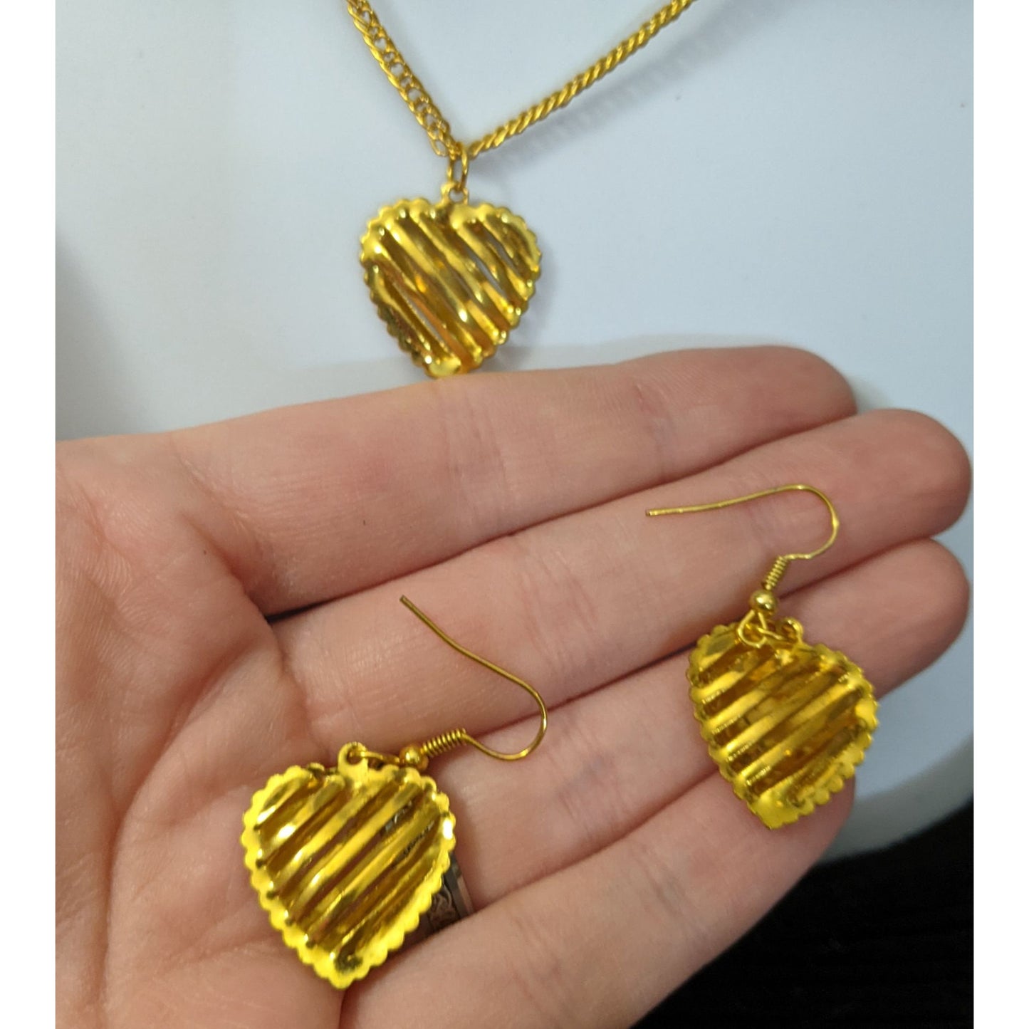 Gold Slotted Heart Necklace And Earring Set