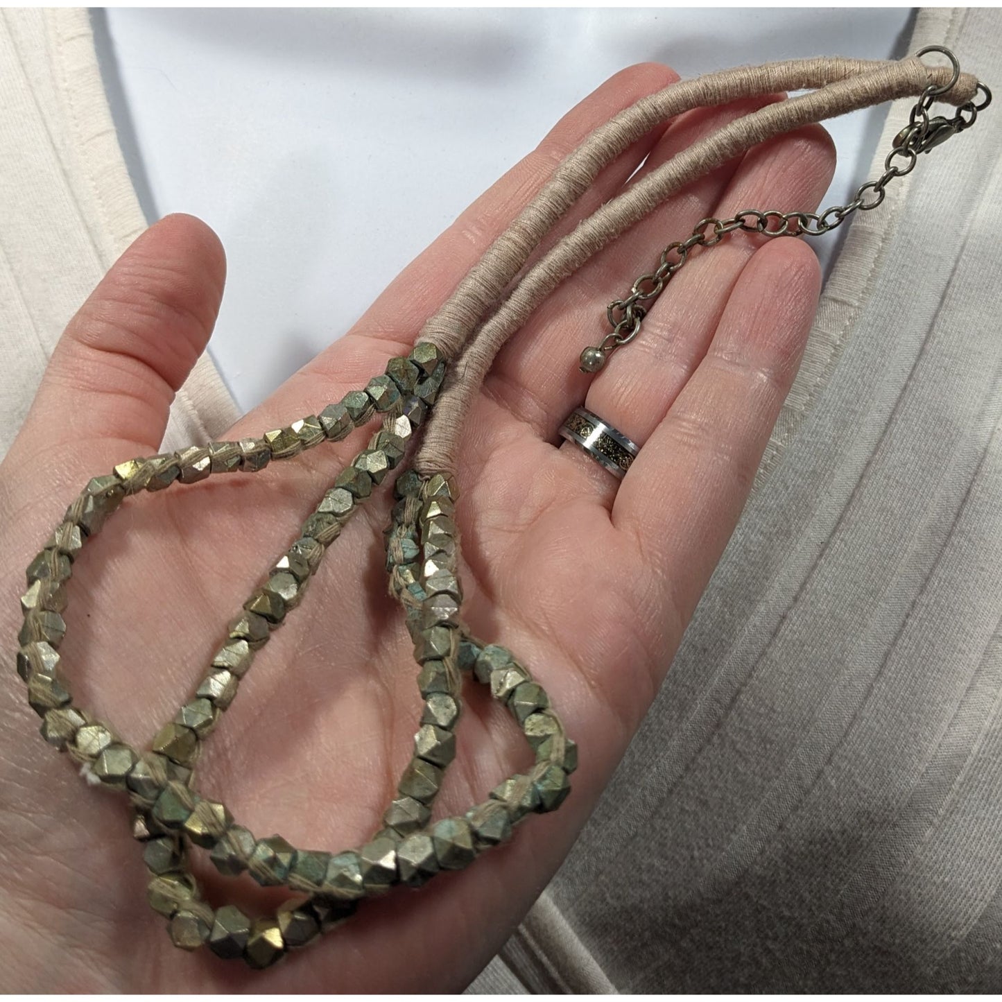 Rustic Grunge Thread Wrapped Metal Beaded Necklace