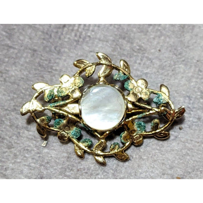 Vintage Mother Of Pearl Gold Floral Brooch