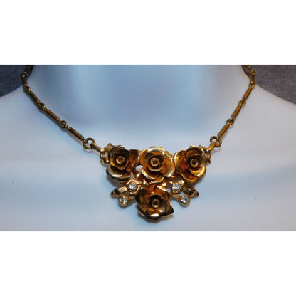 Vintage Romantic Gold Rose Rhinestone Necklace