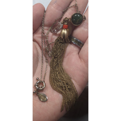 Ann Taylor Loft Floral Green And Gold Tone Tassel Necklace
