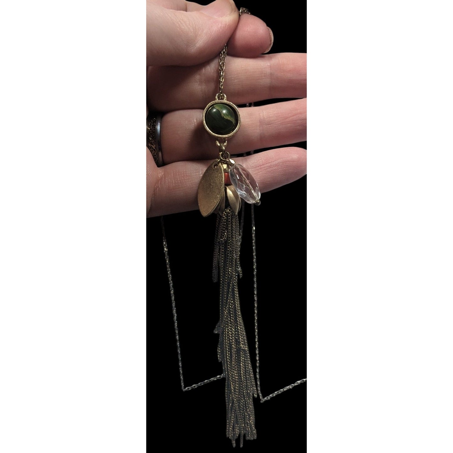 Ann Taylor Loft Floral Green And Gold Tone Tassel Necklace