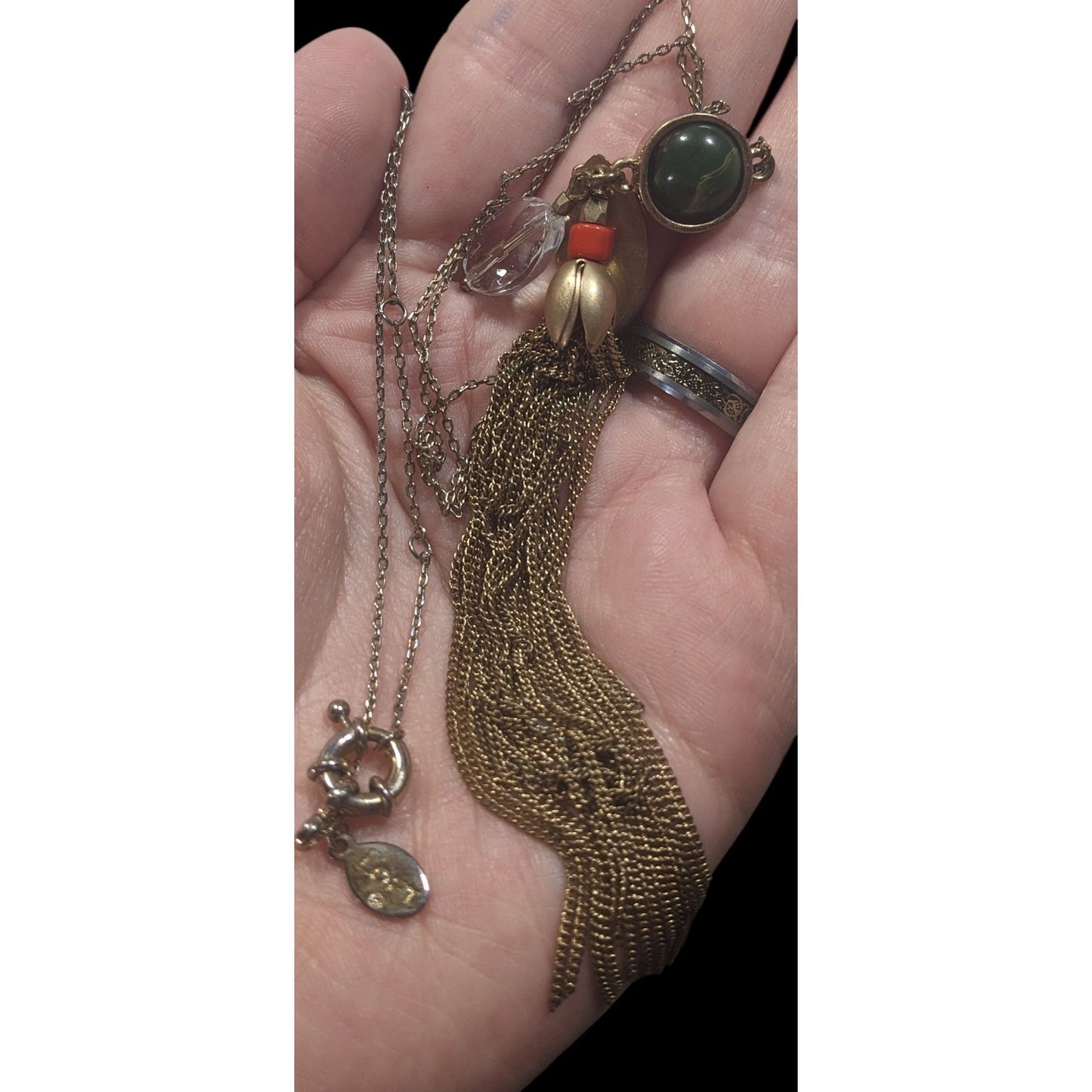 Ann Taylor Loft Floral Green And Gold Tone Tassel Necklace