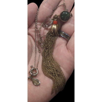 Ann Taylor Loft Floral Green And Gold Tone Tassel Necklace
