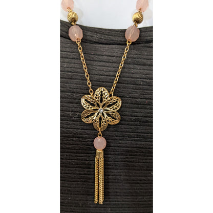 Pink And Gold Filigree Flower Tassel Necklace