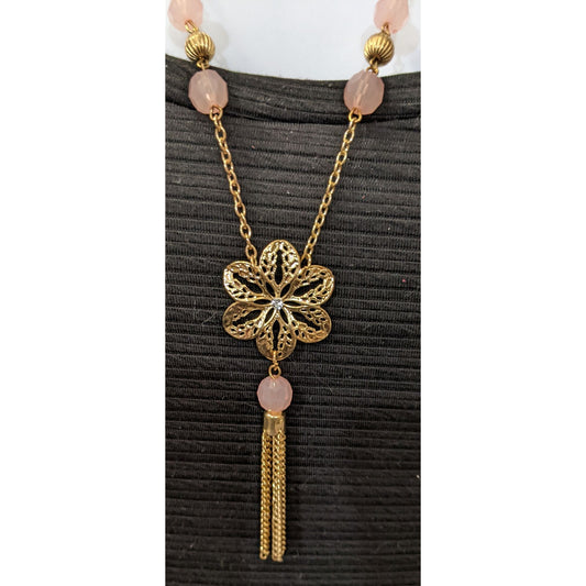 Pink And Gold Filigree Flower Tassel Necklace