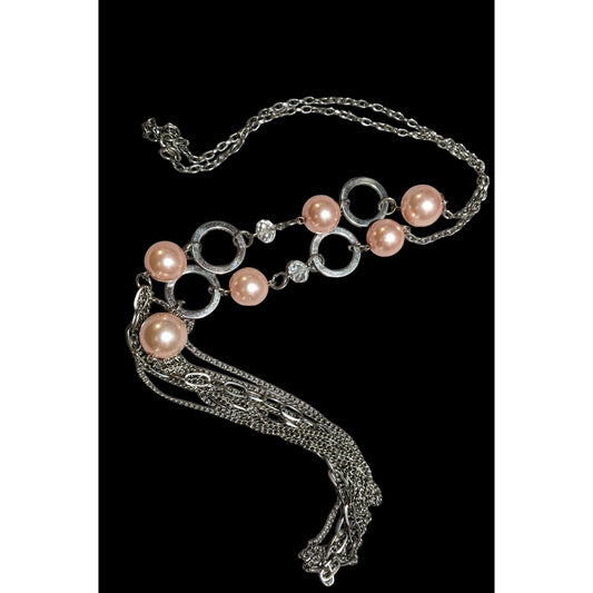 Long Silver & Pink Pearl Chain Necklace