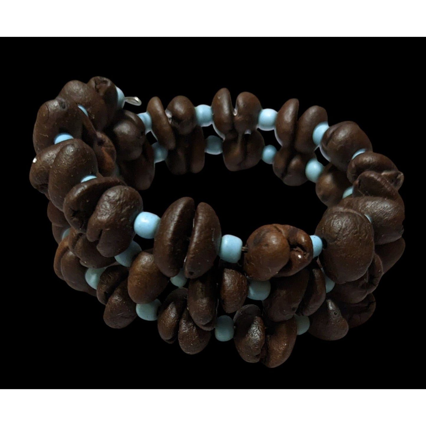 Bohemian Coffee Bean And Blue Glass Beaded Coil Bracelet