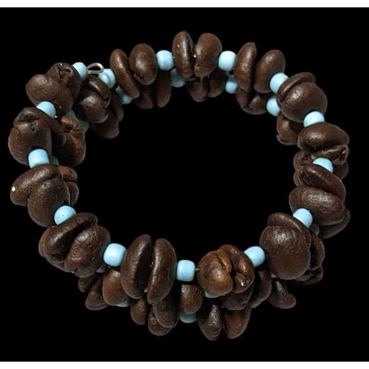 Bohemian Coffee Bean And Blue Glass Beaded Coil Bracelet