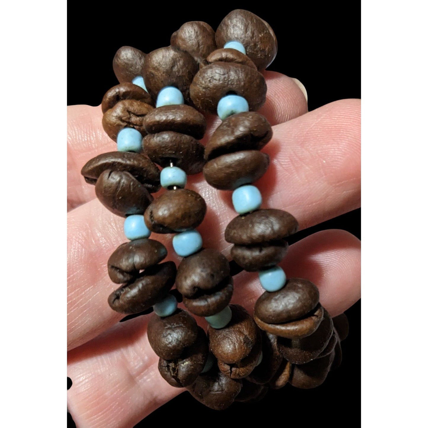 Bohemian Coffee Bean And Blue Glass Beaded Coil Bracelet