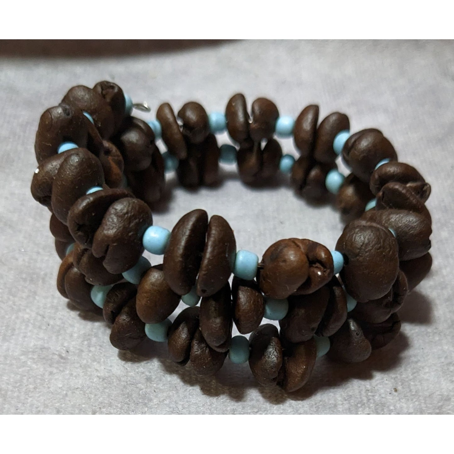 Bohemian Coffee Bean And Blue Glass Beaded Coil Bracelet